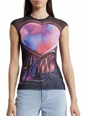 AFRM Nina Watercolor Leopard Print Mesh T-Shirt NWT Black Pink XS